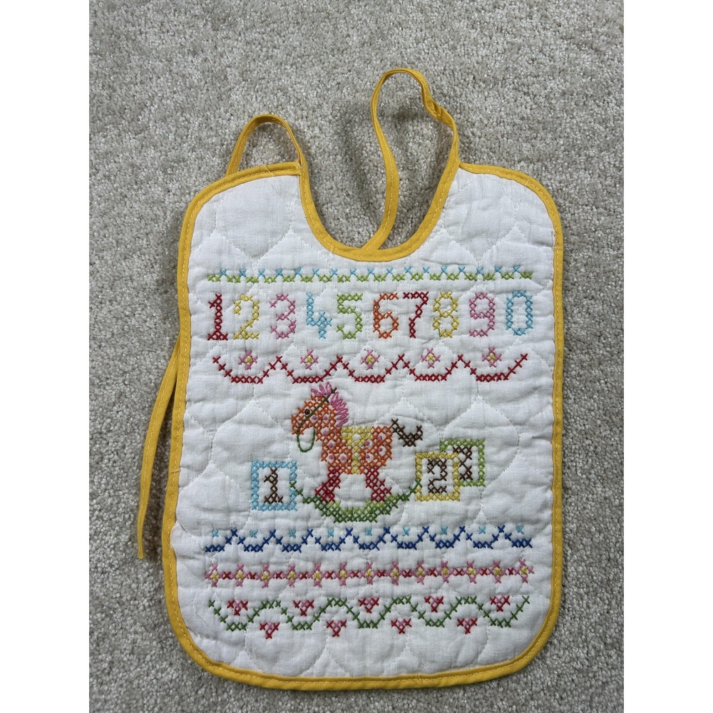 Vintage Hand Embroidered Baby Bib Cross Stitch Numbers Rocking Horse Quilted Bib